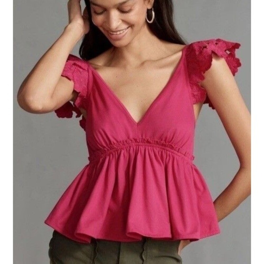 Anthropologie Flutter-Sleeve V-Neck Blouse Pink Sz M NEW Boho Beach Sunny Resort